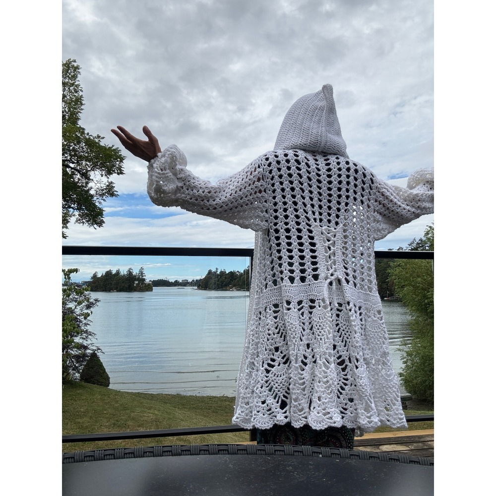 Handmade white crochet hooded cardigan boho lace bell sleeve duster sweater sz l